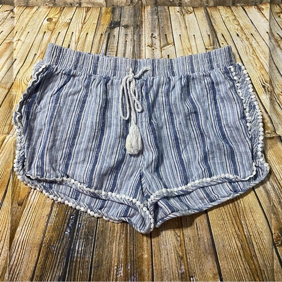 Aeropostale Blue White Striped Tassel Linen Blend Shorts - Picture 1 of 5